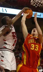 Martin Zeno blocks a shot by Iowa State's Jiri Hubalek in the first half. (AP Photo/Lubbock Avalanche-Journal, Joe Don Buckner)