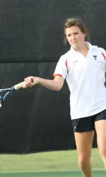 Freshman Caroline Starck gains first collegiate win, 7-6, 6-4.