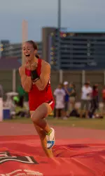 Shade Weygandt broke the school record in the pole vault Saturday night by clearing 4.50 meters (14'-9.00