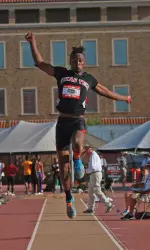 Shujaa Benson won Tech's second-straight Big 12 long jump title Saturday.