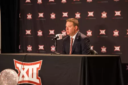 Coach Chris Beard speaks to the media at Big 12 Media Day.
