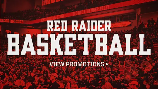 Graphic reading ‘Red Raider Basketball – View Promotions’ set over a red-tinted photo of a packed arena crowd.