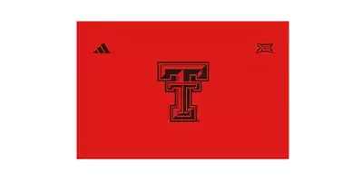 “Red Texas Tech towel design featuring the Double T logo in the center, with the Adidas mark on the left and the Big 12 logo on the right.