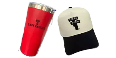 Red Lady Raiders tumbler and a black-and-white Texas Tech cap displayed side by side.
