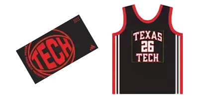 Black Texas Tech beach towel with bold red ‘TECH’ lettering shown beside a black basketball jersey featuring red trim and the number 26.