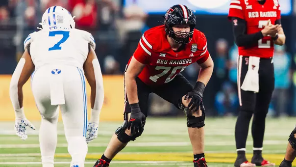 Texas Tech right tackle Jacob Ponton stands in his stance prior to an offensive snap during the Red Raiders' victory at the Big 12 Championship over BYU.