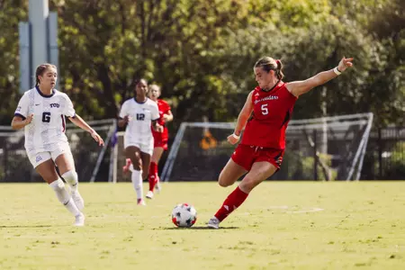 Eleanor Hays winds up to deliver a free kick service during the Red Raiders 1-0 win at TCU Sunday