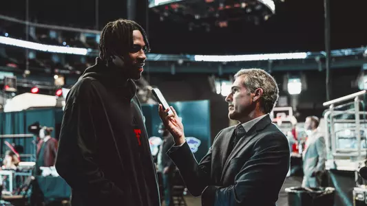JT Toppin gets interviewed by Seth Davis during Big 12 Media Day.