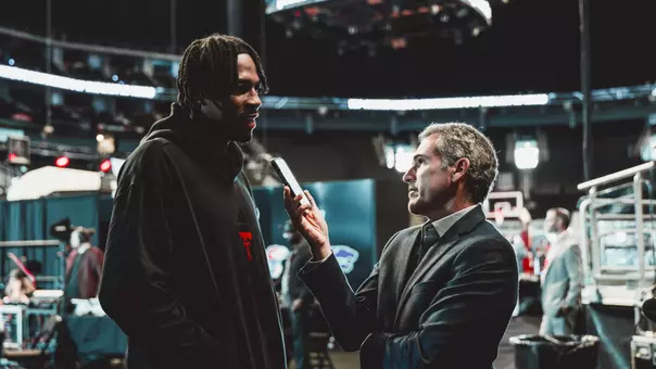 JT Toppin gets interviewed by Seth Davis during Big 12 Media Day.