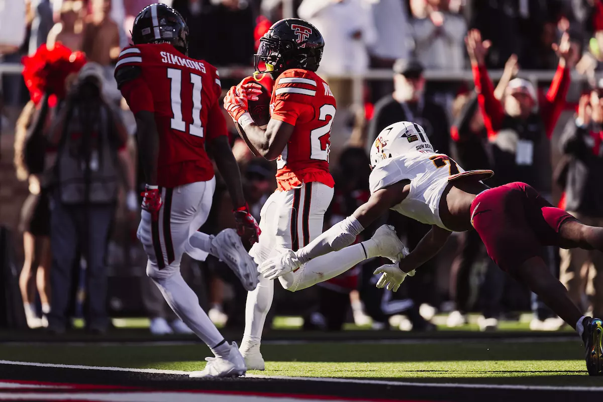 J'Koby Williams breaking the plane for his second rushing touchdown at Texas Tech vs. Arizona State, on October 17th, 2026.