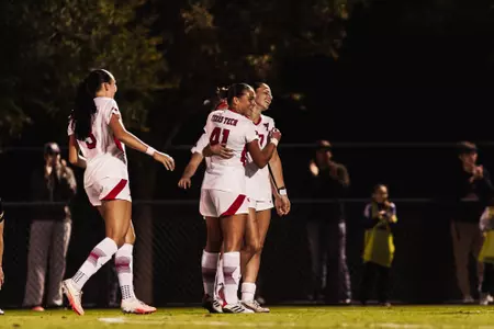 Lauren Alvarez (17) celebrates her first career goal in Tech's 2-0 win over Arizona State