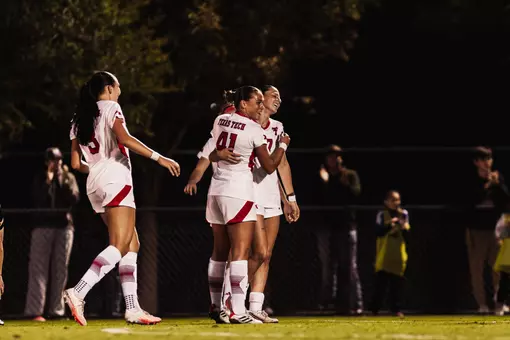Lauren Alvarez (17) celebrates her first career goal in Tech's 2-0 win over Arizona State