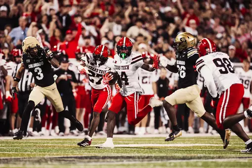 Brice Pollock returning his second interception in Texas Tech at Colorado, on October 3rd, 2026.