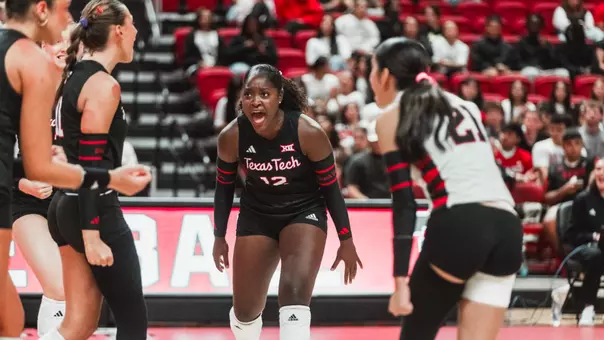 Taylor Cook celebrating a point with her teammates in a volleyball