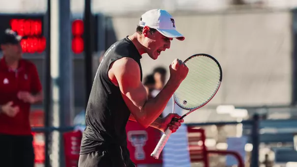 Niksa Arsic celebrating after winning a point. Texas Tech Men's Tennis vs UTRGV on February 7, 2026 (Photo by Adele Clarke/Texas Tech Athletics)