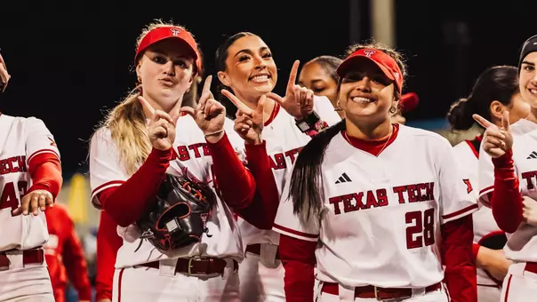 Taylor pannell, angelyna conde and makyala garcia posing for a picture after defeating mcneese state in a game of NCAA Divison one softball in Lake charles, louisiana on feburary 5, 2026