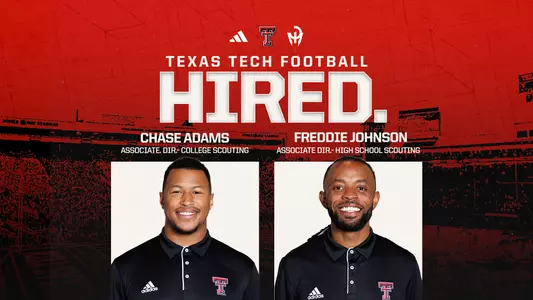 Graphic highlighting the hires of Chase Adams and Freddie Johnson as associate directors of scouting for the Texas Tech staff.