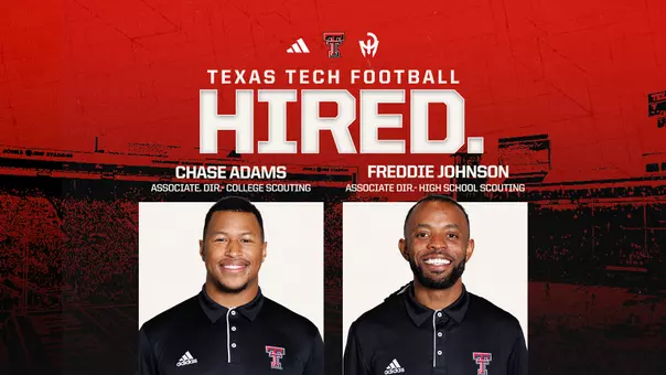 Graphic highlighting the hires of Chase Adams and Freddie Johnson as associate directors of scouting for the Texas Tech staff.