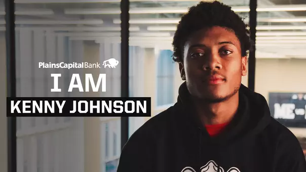 Graphic showcasing Texas Tech wide receiver Kenny Johnson as part of its "I Am" video series presented by PlainsCapital Bank.