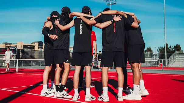 The Red Raiders huddle up before the match. Texas Tech Men's Tennis vs UTRGV on February 7, 2026 (Photo by Adele Clarke/Texas Tech Athletics)