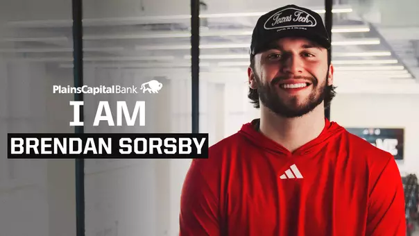 Graphic highlighting quarterback Brendan Sorsby for the Texas Tech+ "I Am" series presented by PlainsCapital Bank.