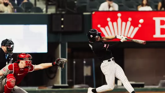 Texas Tech CF Kyeler Thompson swings during one of his at-bats during Texas Tech's opening day contest against OU. Thompson went 3-for-4 with a run scored in the contest.