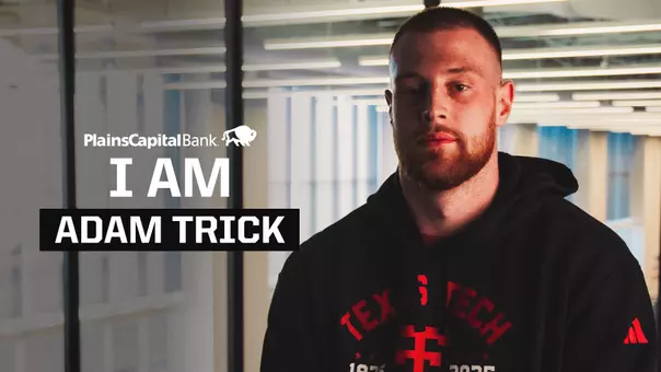 Graphic highlighting outside linebacker Adam Trick for the TexasTech+ "I Am" series presented by PlainsCapital Bank.