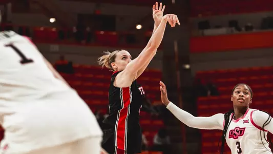 Denae Fritz shooting a 3-pointer against Oklahoma State.