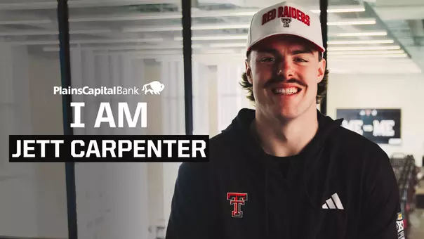 Graphic highlighting defensive lineman Mateen Ibirogba for the TexasTech+ series "I Am" presented by PlainsCapital Bank.