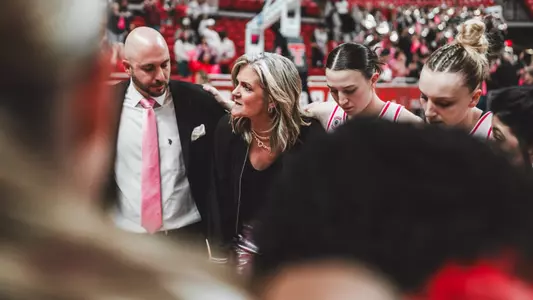Head Coach Krista Gerlich talking to her team in a huddle after a win. Texas Tech WBB vs Kansas Feburary 10th, 2026 in Lubbock, TX. (Photo by Michael Maddox/Texas Tech Athletics