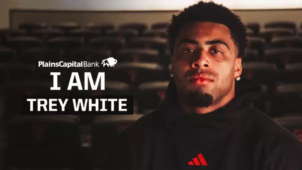Graphic highlighting outside linebacker Trey White for the TexasTech+ "I Am" series presented by PlainsCapital Bank.