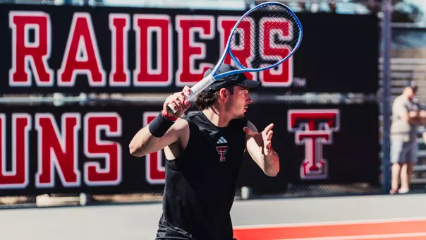 Thiago Guglieri getting ready to hit a forehand. Texas Tech Men's Tennis vs UNM on February 15, 2026 (Photo by Adele Clarke/Texas Tech Athletics)