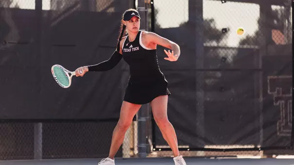 Yekaterina Dmitrichenko hits a forehand during the match. Texas Tech vs Sam Houston State Women's Tennis on February 1st, 2026 in Lubbock, TX. (Photo by Rane Paulson/Texas Tech Athletics)