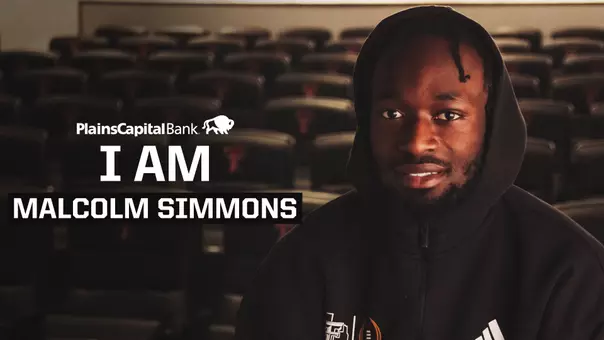 Graphic highlighting wide receiver Malcolm Simmons for the TexasTech+ "I Am" series presented by PlainsCapital Bank.
