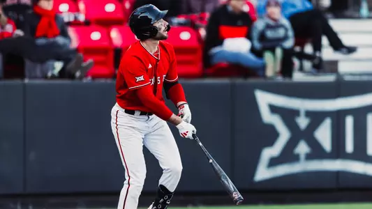Tech 1B Robin Villeneuve admires his walk-off home run Saturday afternoon that gave the Red Raiders an 8-6 walk-off win that clinched a doubleheader sweep of UAlbany Saturday