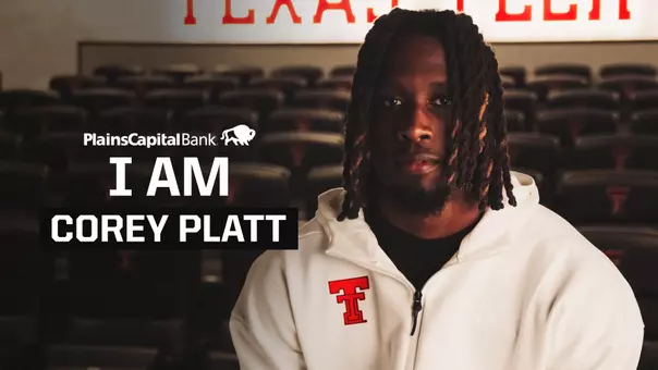 Graphic highlighting linebacker Corey Platt Jr. for the TexasTech+ "I Am" series presented by PlainsCapital Bank.