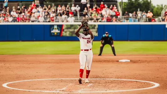 NiJaree canady in her windup to pitch in game 2 of the women's college world series championship series against Texas