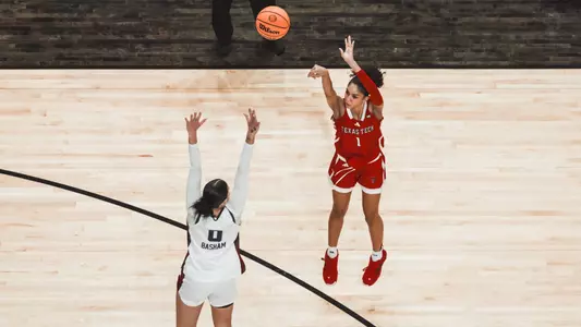 Jalynn Bristow shooting a three. Texas Tech vs TCU Women’s Basketball on February 1, 2026 in Lubbock, TX. (Photo by Jacob Reiner/Texas Tech Athletics)