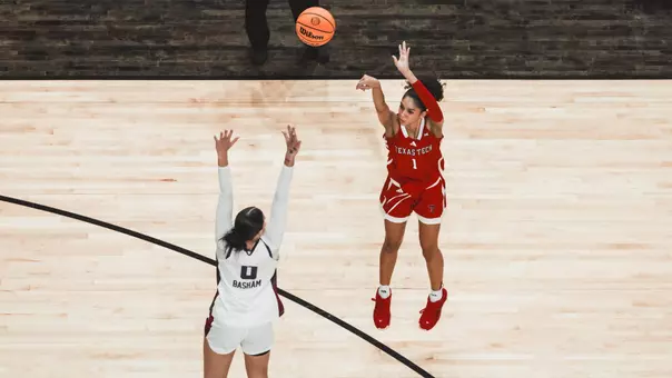 Jalynn Bristow shooting a three. Texas Tech vs TCU Women’s Basketball on February 1, 2026 in Lubbock, TX. (Photo by Jacob Reiner/Texas Tech Athletics)