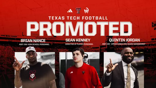 Graphic highlighting the promotions of three Texas Tech football staff members in Brian Nance, Sean Kenney and Quintin Jordan.