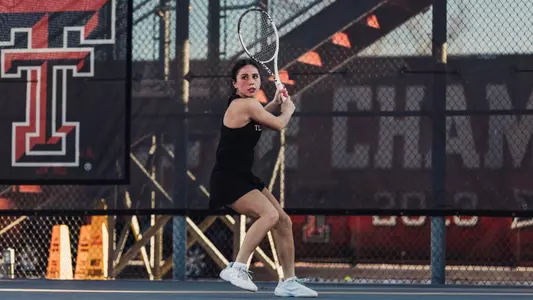 Havana Kadi hitting a backhand. Texas Tech vs Sam Houston State Women's Tennis on February 1st, 2026 in Lubbock, TX. (Photo by Rane Paulson/Texas Tech Athletics)