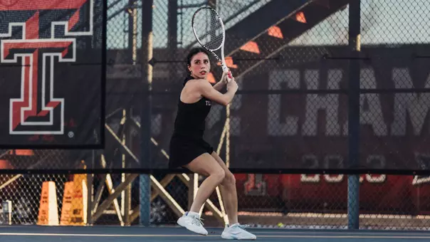 Havana Kadi hitting a backhand. Texas Tech vs Sam Houston State Women's Tennis on February 1st, 2026 in Lubbock, TX. (Photo by Rane Paulson/Texas Tech Athletics)