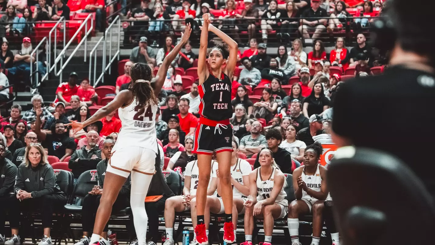 Jalynn Bristow shooting a three. Texas Tech Womens Basketball vs ASU on March 1, 2026 (Photo by Adele Clarke/Texas Tech Athletics)