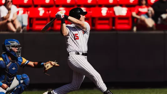 Texas Tech RF Caden Ferraro takes a swing against CSU Bakersfield on Sunday, Mar. 1