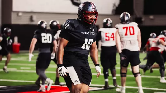 A.J. Holmes Jr. celebrates a stop during Texas Tech's first spring practice of the 2026 season.
