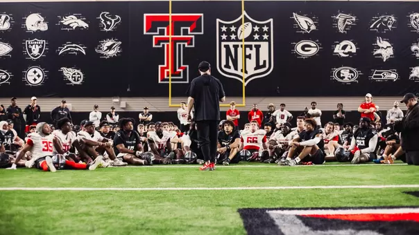 Joey McGuire speaks to the Red Raiders inside the Sports Performance Center after Texas Tech's first spring practice of the 2026 season.