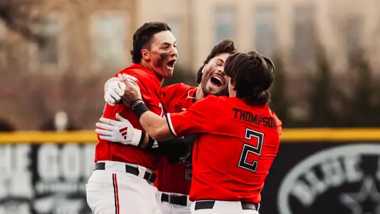 The Red Raiders celebrate their fourth walk-off win of the season Saturday, after Matt Quintanar's single propelled Tech to a 10-9 win Saturday afternoon over Kansas.