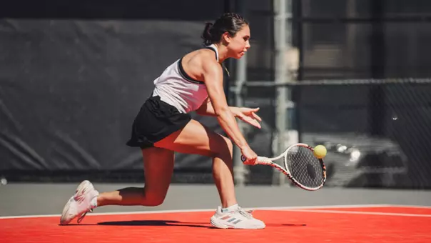 Havana Kadi going for a slice. Texas Tech vs, Kansas State Woman's Tennis on March 8, 2026 in Lubbock, TX. (Photo by Joseph Cabrera/Texas Tech Athletics)