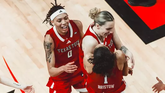 Snudda, Denae and Jalynn celebrating a three pointer. Texas Tech vs TCU Women’s Basketball on February 1, 2026 in Lubbock, TX. (Photo by Jacob Reiner/Texas Tech Athletics)