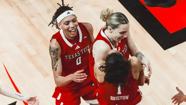 Snudda, Denae and Jalynn celebrating a three pointer. Texas Tech vs TCU Women’s Basketball on February 1, 2026 in Lubbock, TX. (Photo by Jacob Reiner/Texas Tech Athletics)